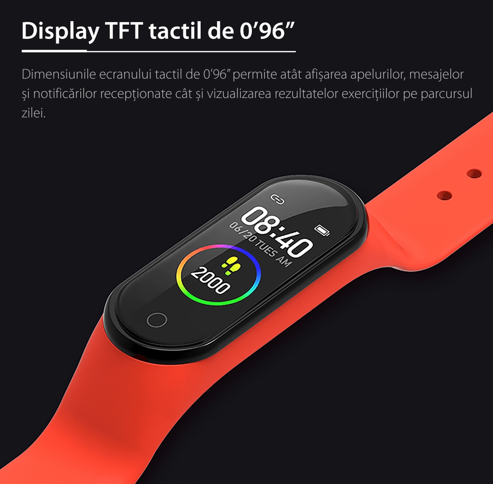 Bratara fitness inteligenta TKY-M4 Plus cu masurarea tensiunii arteriale, Ritm cardiac, Nivel oxigen, Notificari, Pedometru, Bluetooth, Incarcare magnetica, Roz