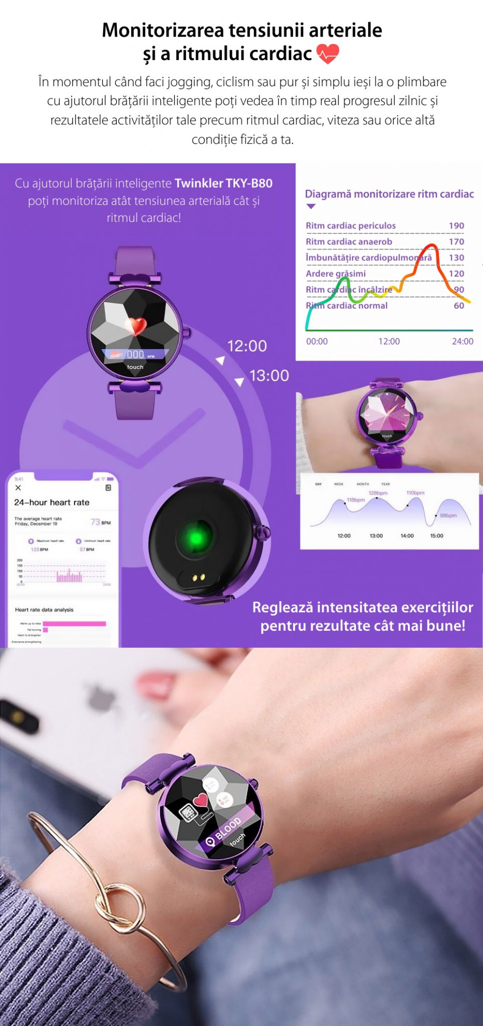 Ceas Smartwatch fitness fashion TKY-B80 Metal cu functie de monitorizare ritm cardiac, Tensiune arteriala, Monitorizare somn, Notificari Apel/ SMS, Auriu