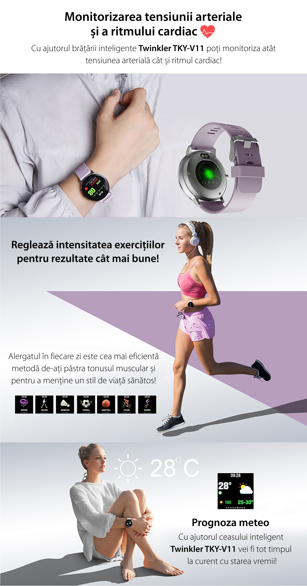 Ceas Smartwatch TKY-V11 cu Functie de monitorizare ritm cardiac, Tensiune arteriala, Nivel oxigen,  Monitorizare somn, Notificari Apel/ SMS, Negru