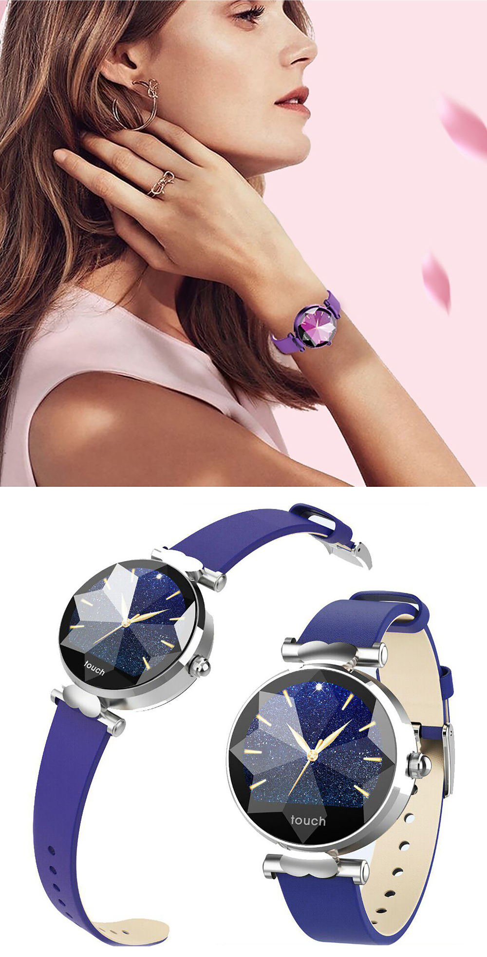 Ceas Smartwatch fitness fashion TKY-B80 Piele cu functie de monitorizare ritm cardiac, Tensiune arteriala, Monitorizare somn, Notificari Apel/ SMS, Argintiu – Albastru