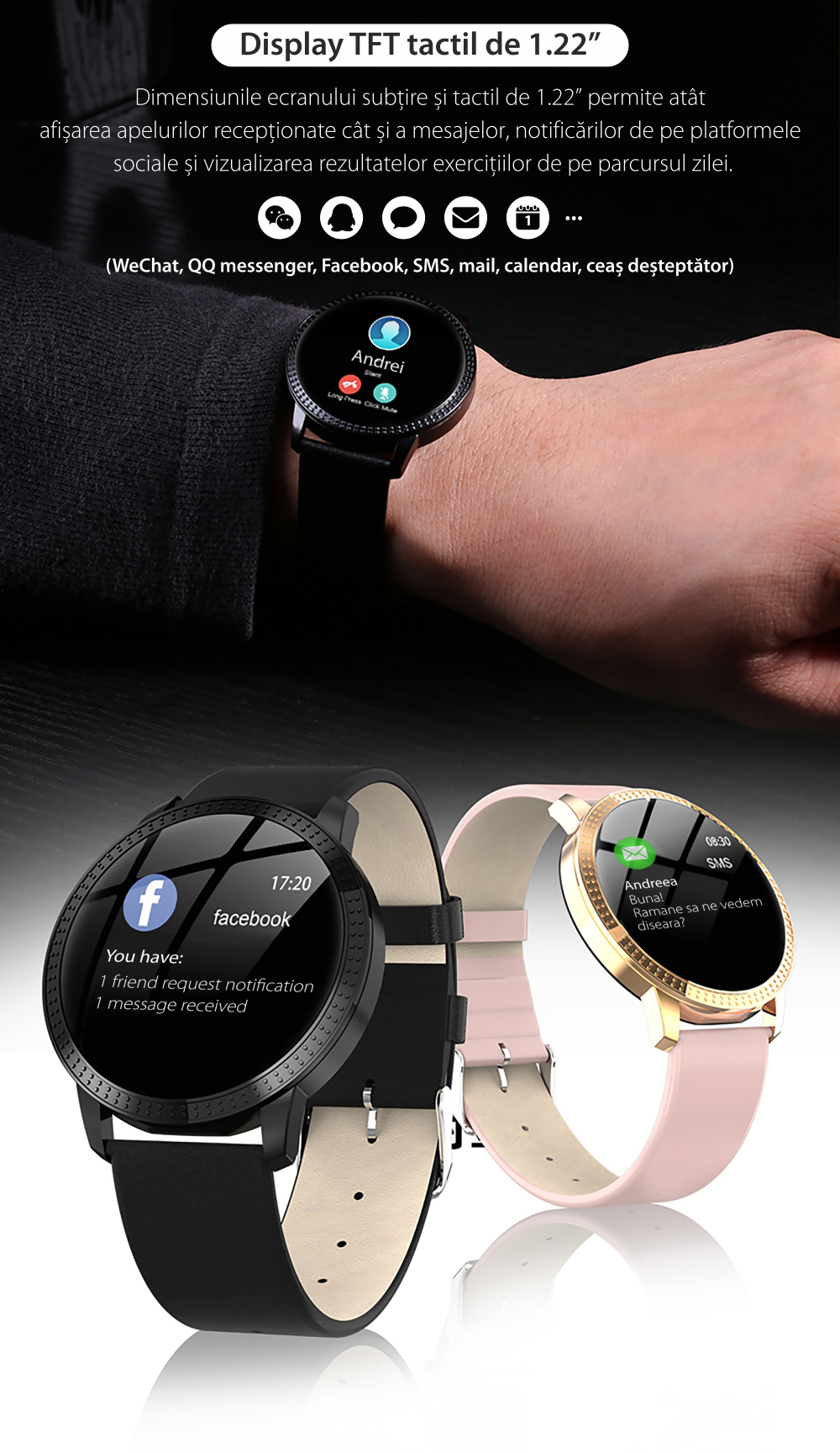 Ceas Smartwatch TKY-CF18 cu Functie de monitorizare ritm cardiac, Tensiune arteriala, Notificari Apel/ SMS, Pedometru, Functie respingere apel, Argintiu
