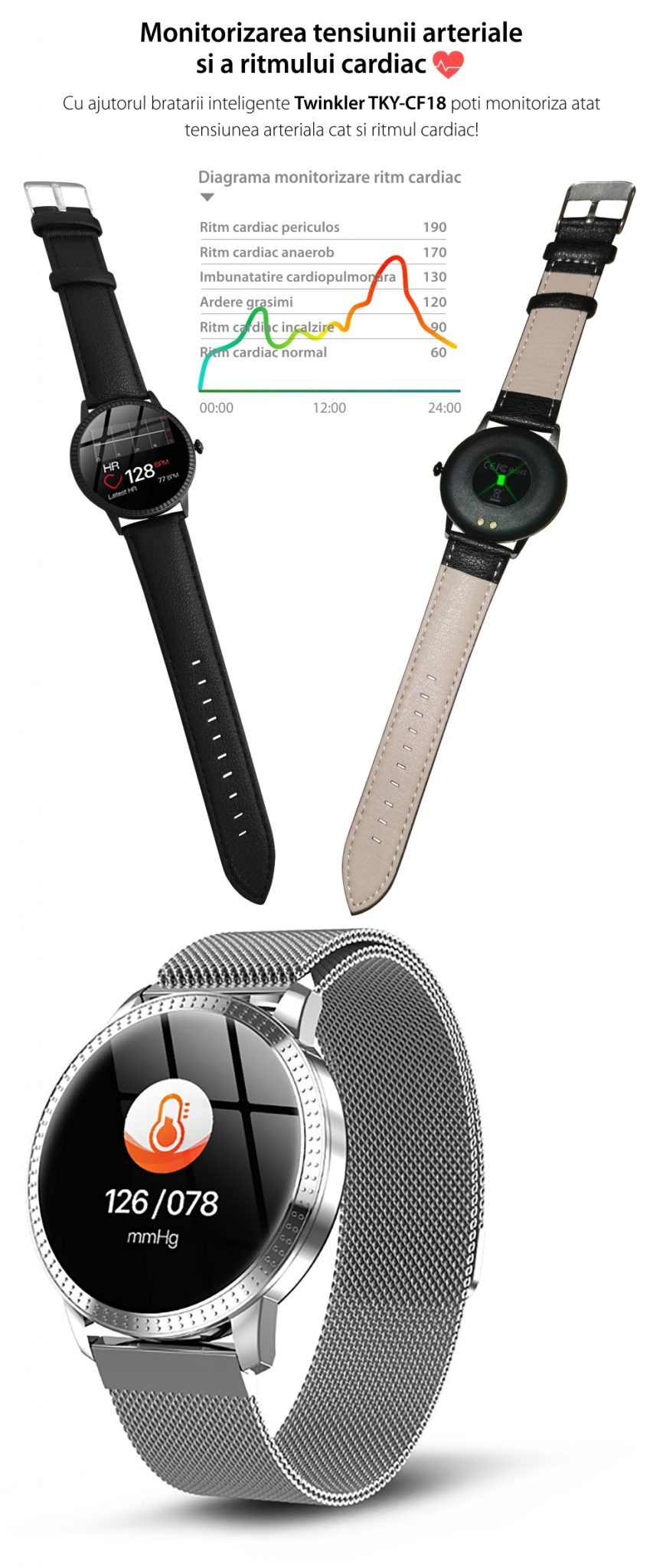 Ceas Smartwatch TKY-CF18 cu Functie de monitorizare ritm cardiac, Tensiune arteriala, Notificari Apel/ SMS, Pedometru, Functie respingere apel, Roz – Auriu