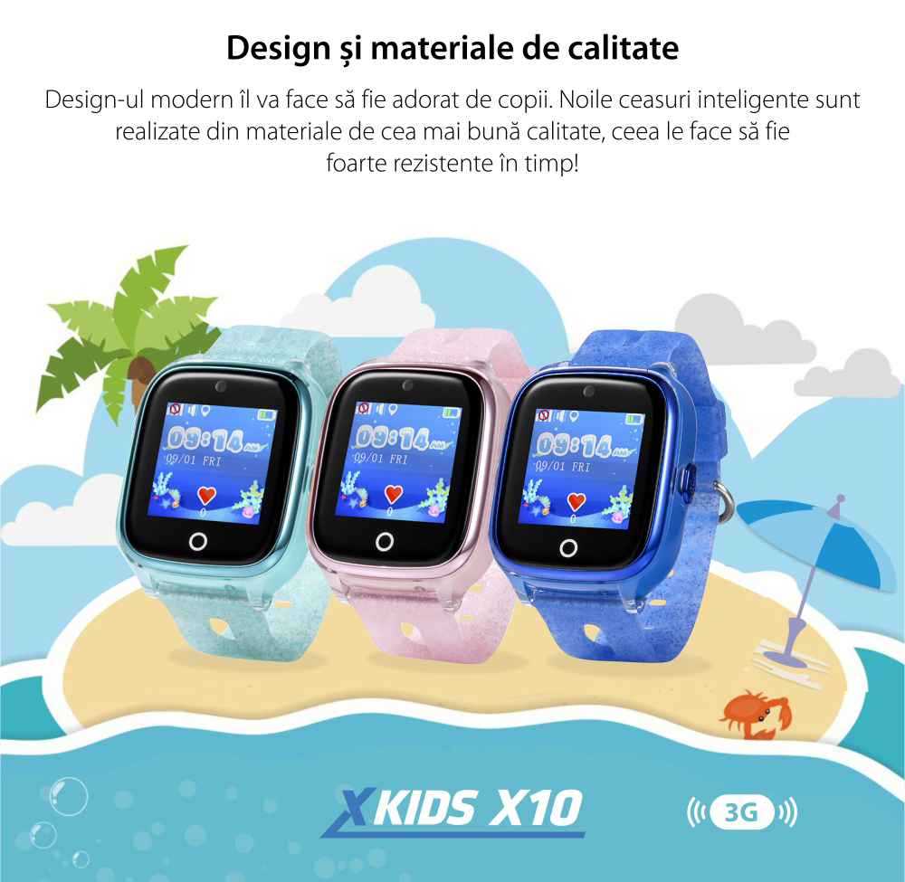 Ceas Smartwatch Pentru Copii Xkids X10 Wi-Fi cu Functie Telefon, Localizare GPS, Apel monitorizare, Camera, Pedometru, SOS, IP54, Turcoaz, Cartela SIM, Meniu engleza