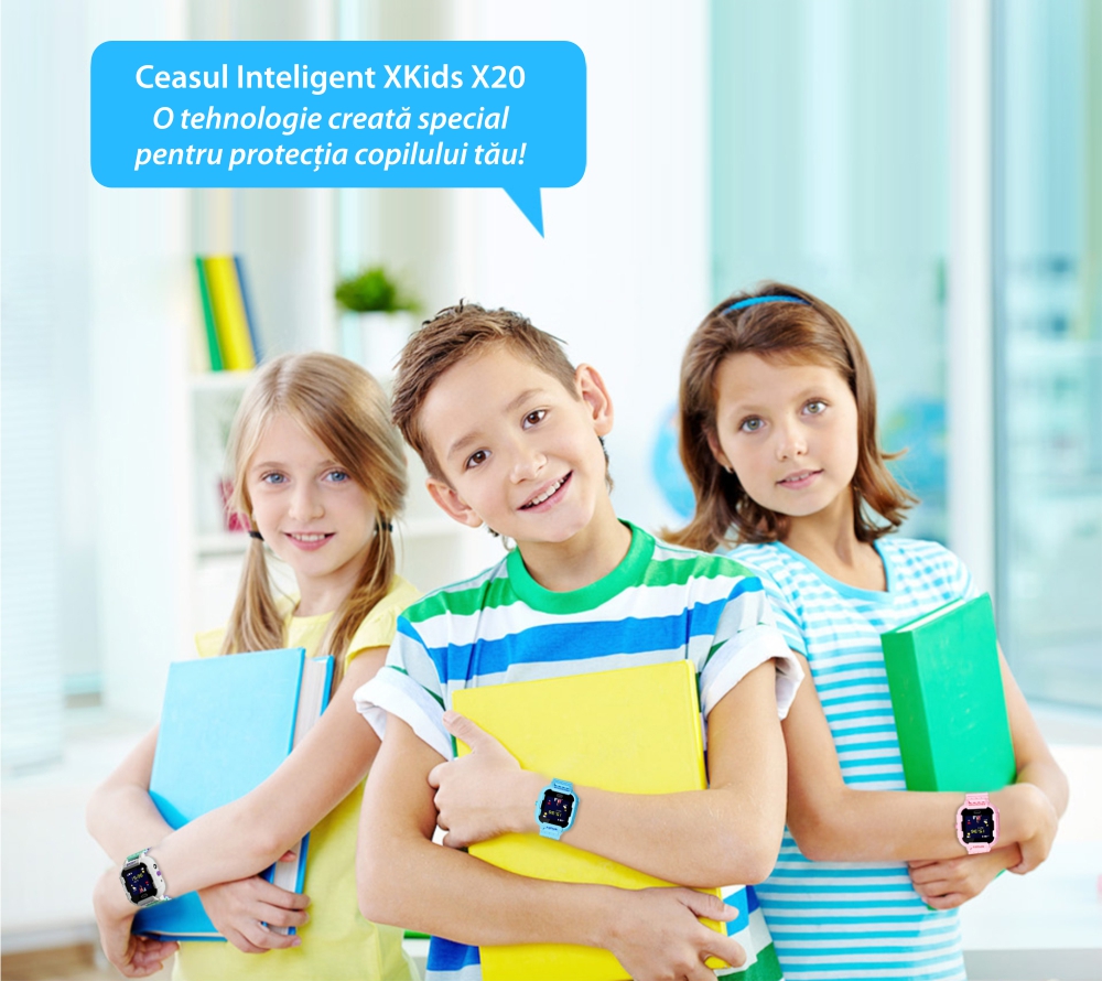 Ceas Smartwatch Pentru Copii Xkids X20 cu Functie Telefon, Localizare GPS, Apel monitorizare, Camera, Pedometru, SOS, IP54, Incarcare magnetica, Roz, Cartela SIM Cadou, Meniu engleza