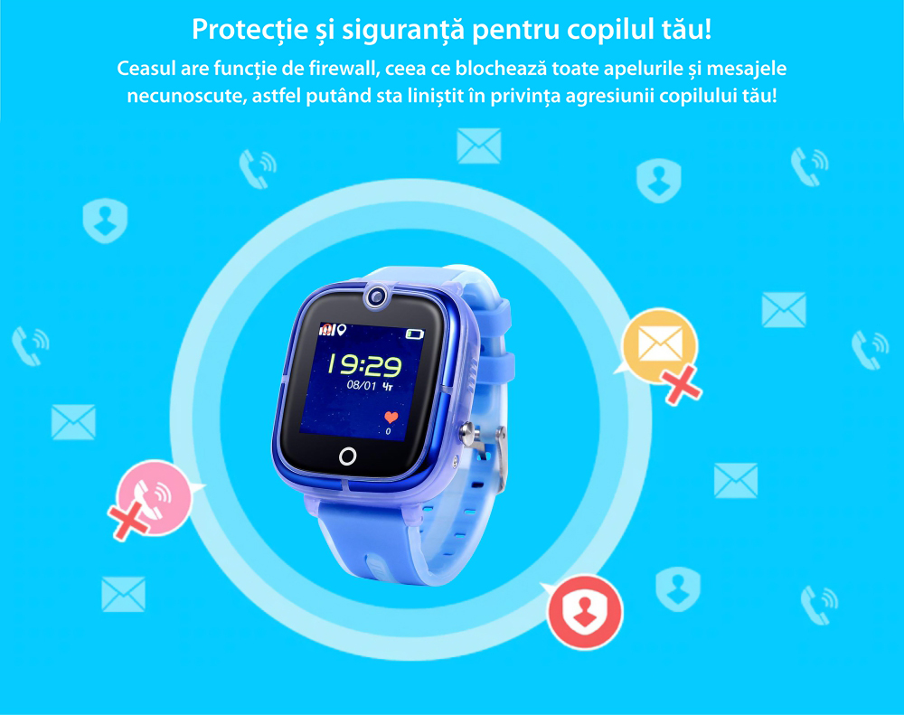 Ceas Smartwatch Pentru Copii Wonlex KT07 cu Functie Telefon, Localizare GPS, Camera, Apel Monitorizare, Pedometru, SOS – Albastru, Cartela SIM Cadou