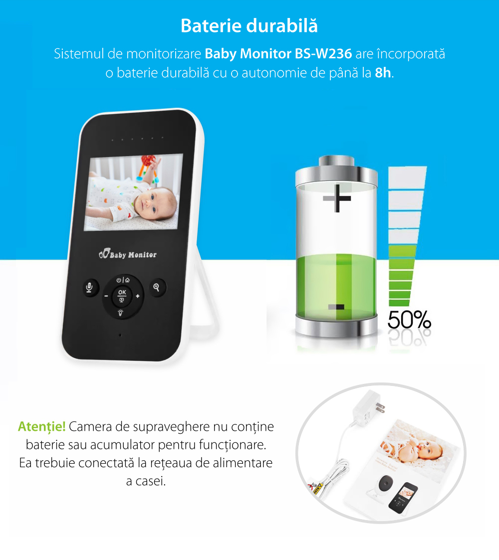 Baby Monitor Wireless BS-W236, Monitorizare Audio – Video, Monitorizare temperatura, Comunicare bidirectionala, Cantece de leagan, Night Vision, Mod ECO, Baterie incorporata