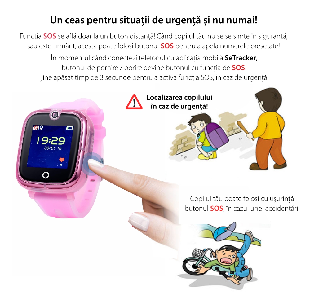 Ceas Smartwatch Pentru Copii Wonlex KT07 cu Functie Telefon, Localizare GPS, Camera, Apel Monitorizare, Pedometru, SOS – Roz, Cartela SIM Cadou