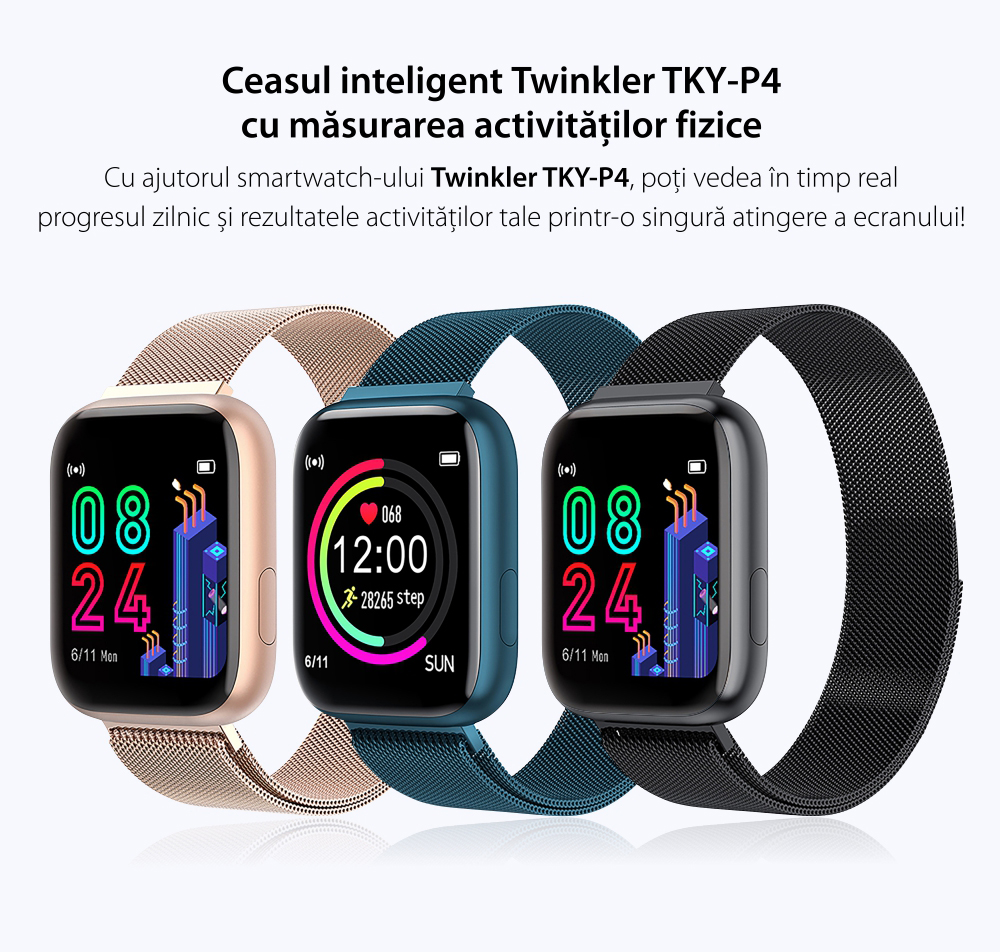 Ceas Smartwatch Twinkler TKY-P4 Metal cu functie de monitorizare ritm cardiac, Tensiune arteriala, Nivel oxigen, Distanta parcursa, Afisare mesaje, Prognoza meteo, Roz