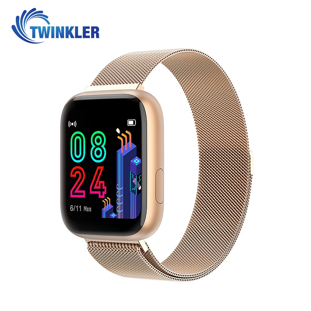 Ceas Smartwatch Twinkler TKY-P4 Metal cu functie de monitorizare ritm cardiac, Tensiune arteriala, Nivel oxigen, Distanta parcursa, Afisare mesaje, Prognoza meteo, Auriu