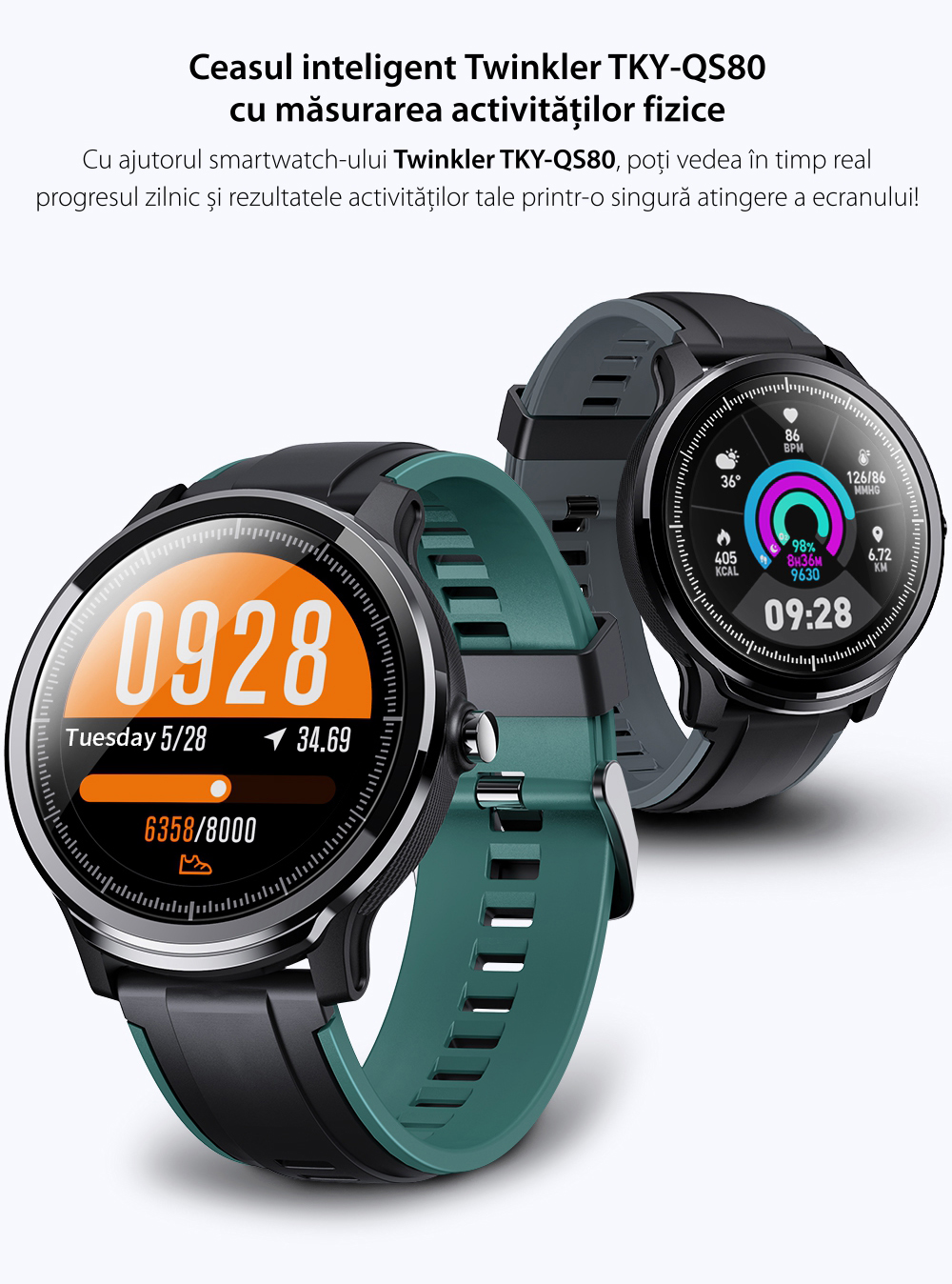 Ceas Smartwatch TKY-QS80 cu functie de monitorizare ritm cardiac, Tensiune arteriala, Nivel oxigen, Pedometru, Distanta parcursa, Calorii arse, Notificari Apel/ SMS, Negru-Portocaliu