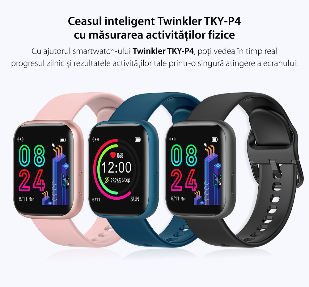 Ceas Smartwatch Twinkler TKY-P4 Silicon cu functie de monitorizare ritm cardiac, Tensiune arteriala, Nivel oxigen, Distanta parcursa, Afisare mesaje, Prognoza meteo, Negru