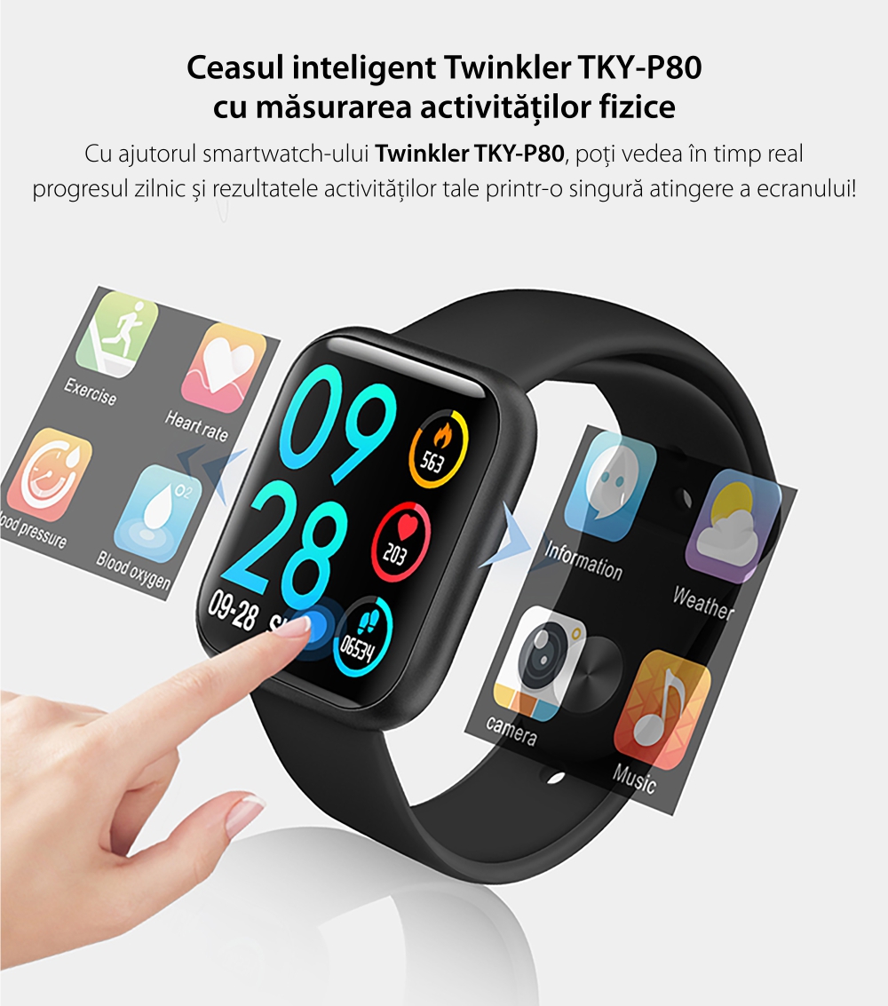 Ceas Smartwatch TKY-P80 cu functie de monitorizare ritm cardiac, Tensiune arteriala, Nivel oxigen, Monitorizare somn, Notificari Apel/ SMS, Bluetooth, Incarcare magnetica, Auriu