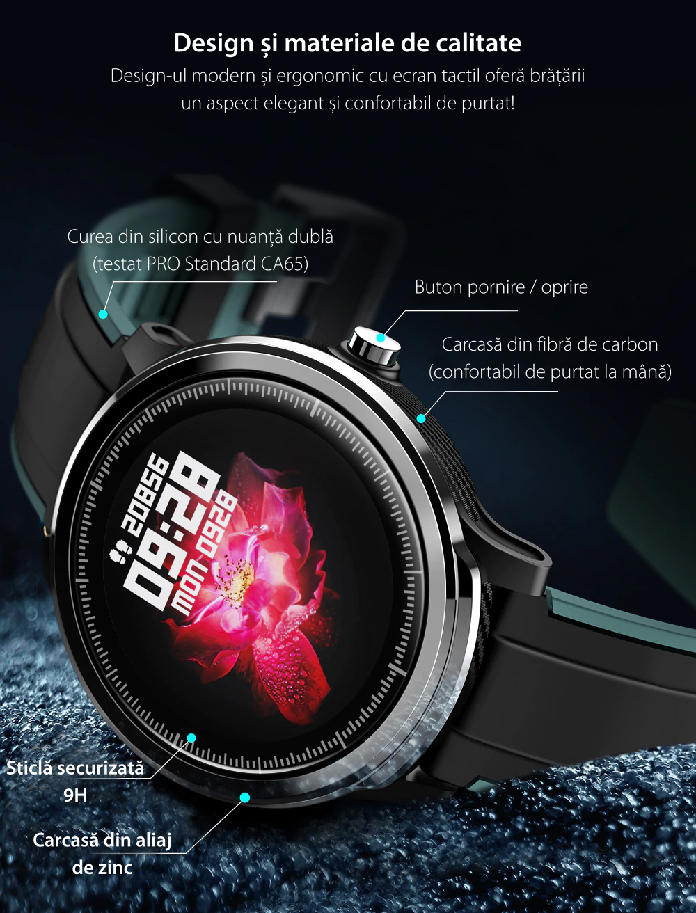 Ceas Smartwatch TKY-QS80 cu functie de monitorizare ritm cardiac, Tensiune arteriala, Nivel oxigen, Pedometru, Distanta parcursa, Calorii arse, Notificari Apel/ SMS, Negru-Verde