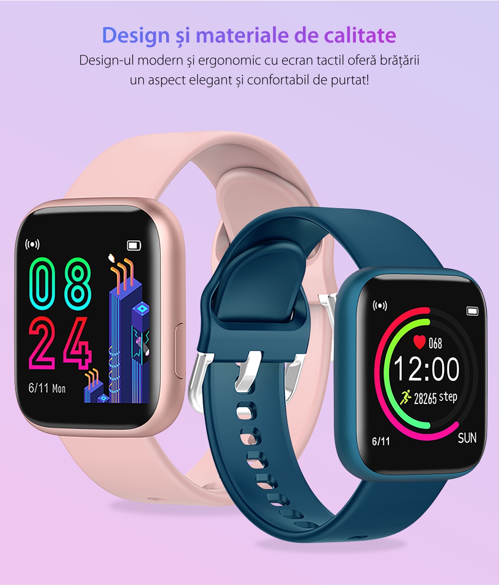 Ceas Smartwatch Twinkler TKY-P4 Silicon cu functie de monitorizare ritm cardiac, Tensiune arteriala, Nivel oxigen, Distanta parcursa, Afisare mesaje, Prognoza meteo, Albastru