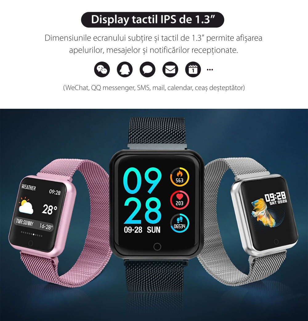 Ceas Smartwatch TKY-P80 cu functie de monitorizare ritm cardiac, Tensiune arteriala, Nivel oxigen, Monitorizare somn, Notificari Apel/ SMS, Bluetooth, Incarcare magnetica, Auriu