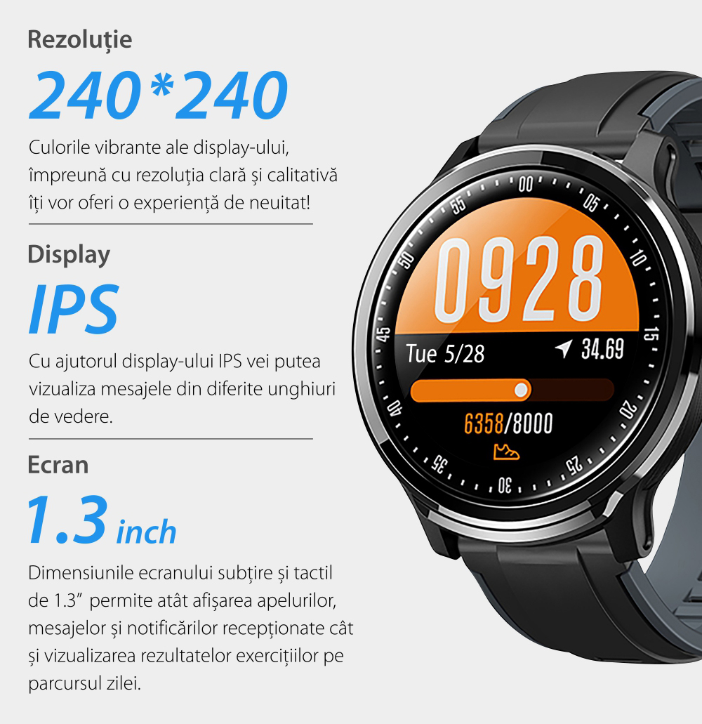 Ceas Smartwatch TKY-QS80 cu functie de monitorizare ritm cardiac, Tensiune arteriala, Nivel oxigen, Pedometru, Distanta parcursa, Calorii arse, Notificari Apel/ SMS, Negru-Portocaliu