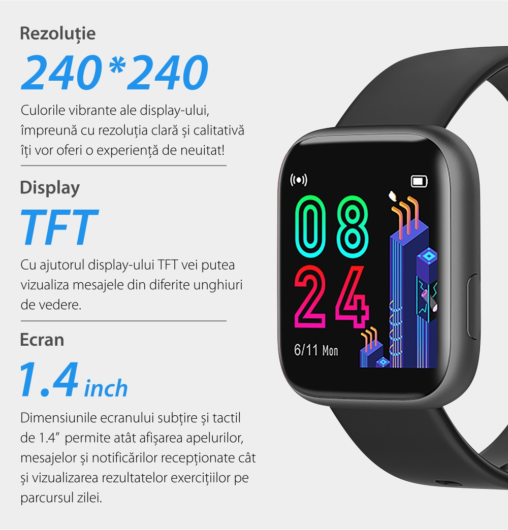 Ceas Smartwatch Twinkler TKY-P4 Silicon cu functie de monitorizare ritm cardiac, Tensiune arteriala, Nivel oxigen, Distanta parcursa, Afisare mesaje, Prognoza meteo, Albastru