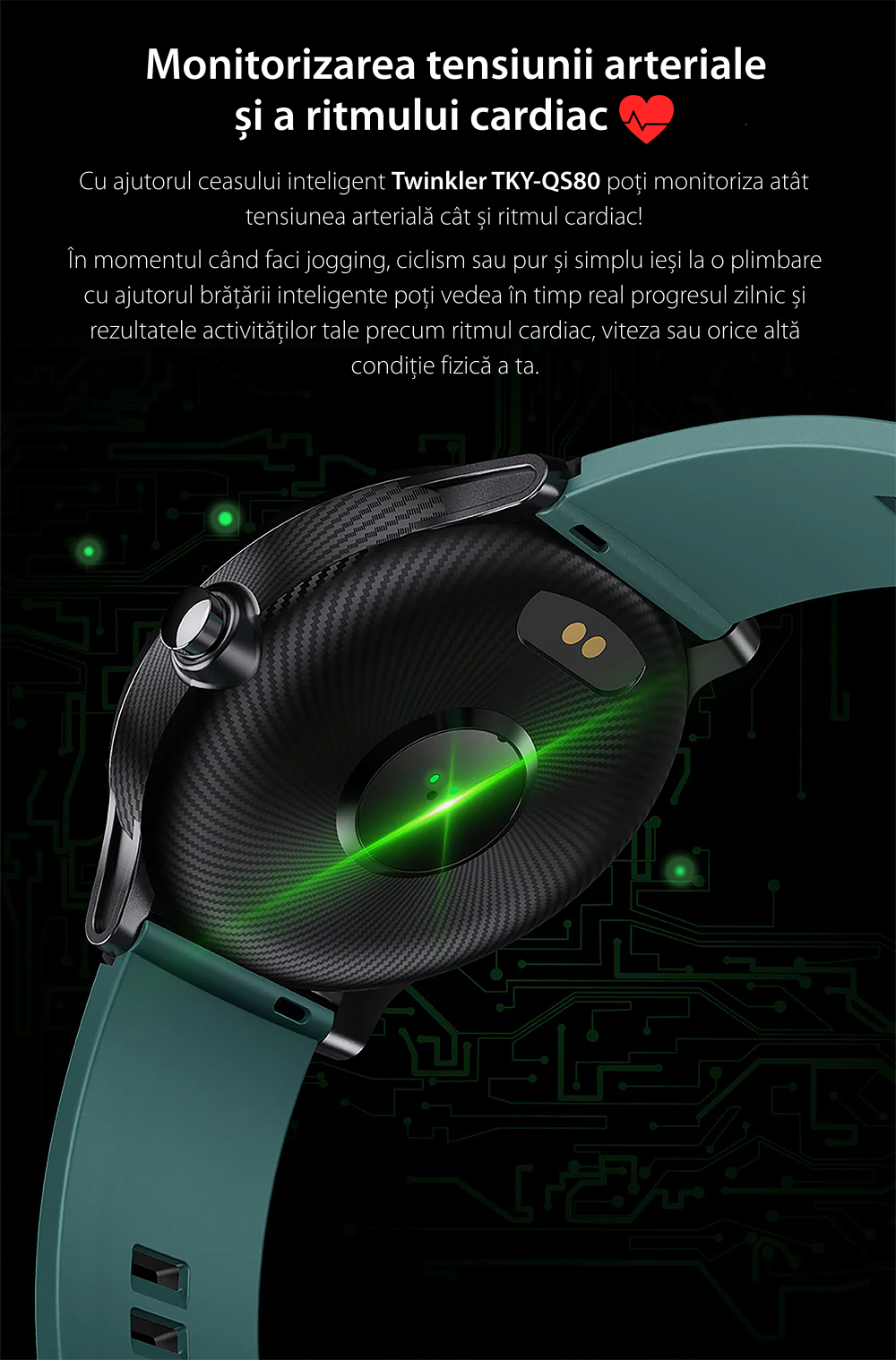 Ceas Smartwatch TKY-QS80 cu functie de monitorizare ritm cardiac, Tensiune arteriala, Nivel oxigen, Pedometru, Distanta parcursa, Calorii arse, Notificari Apel/ SMS, Negru-Verde