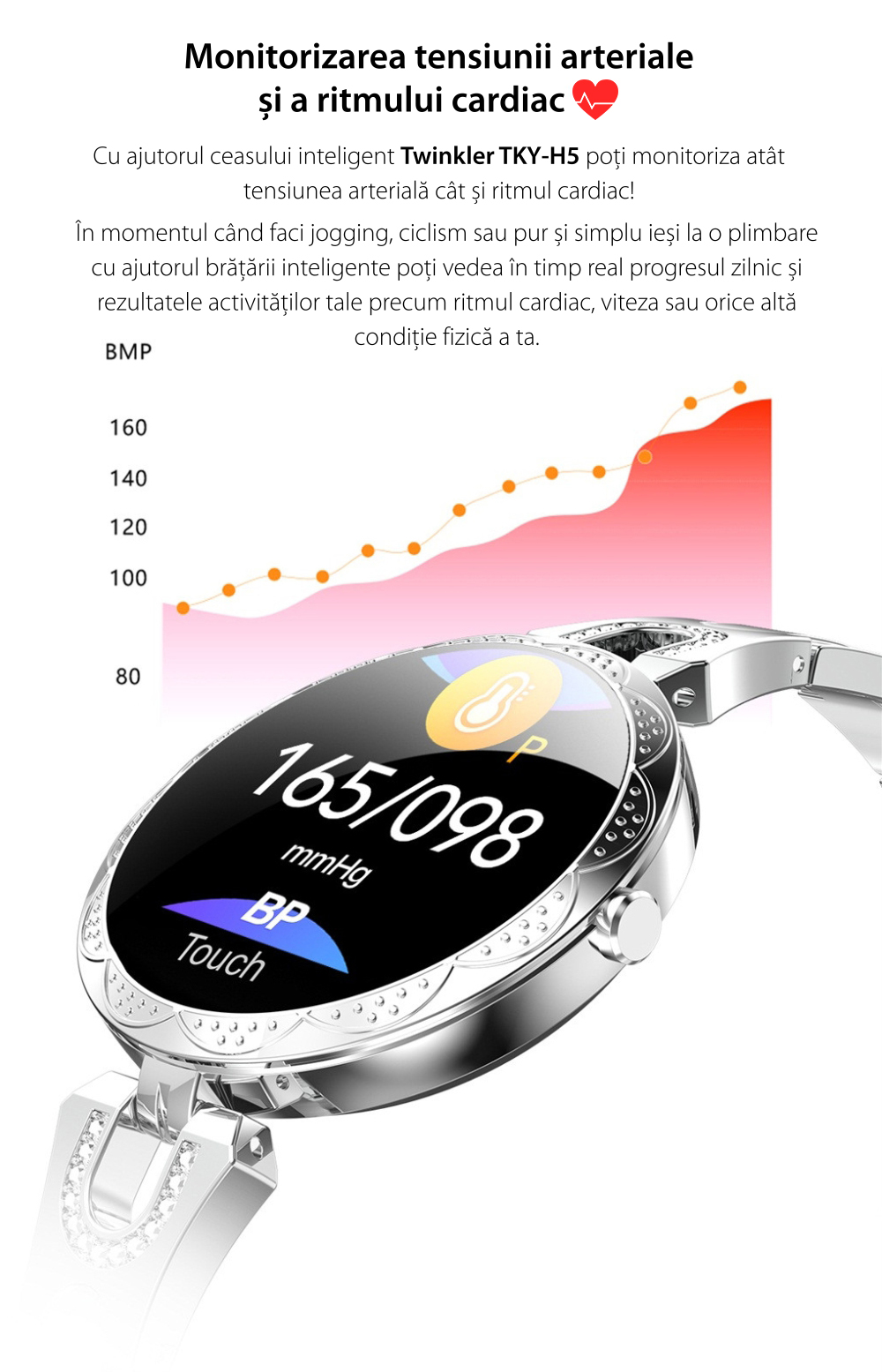 Ceas Smartwatch fashion Twinkler TKY-H5 cu functie de monitorizare ritm cardiac, Tensiune arteriala, Calitate somn, Notificari, Pedometru, Distanta parcursa, Incarcare magnetica, Argintiu
