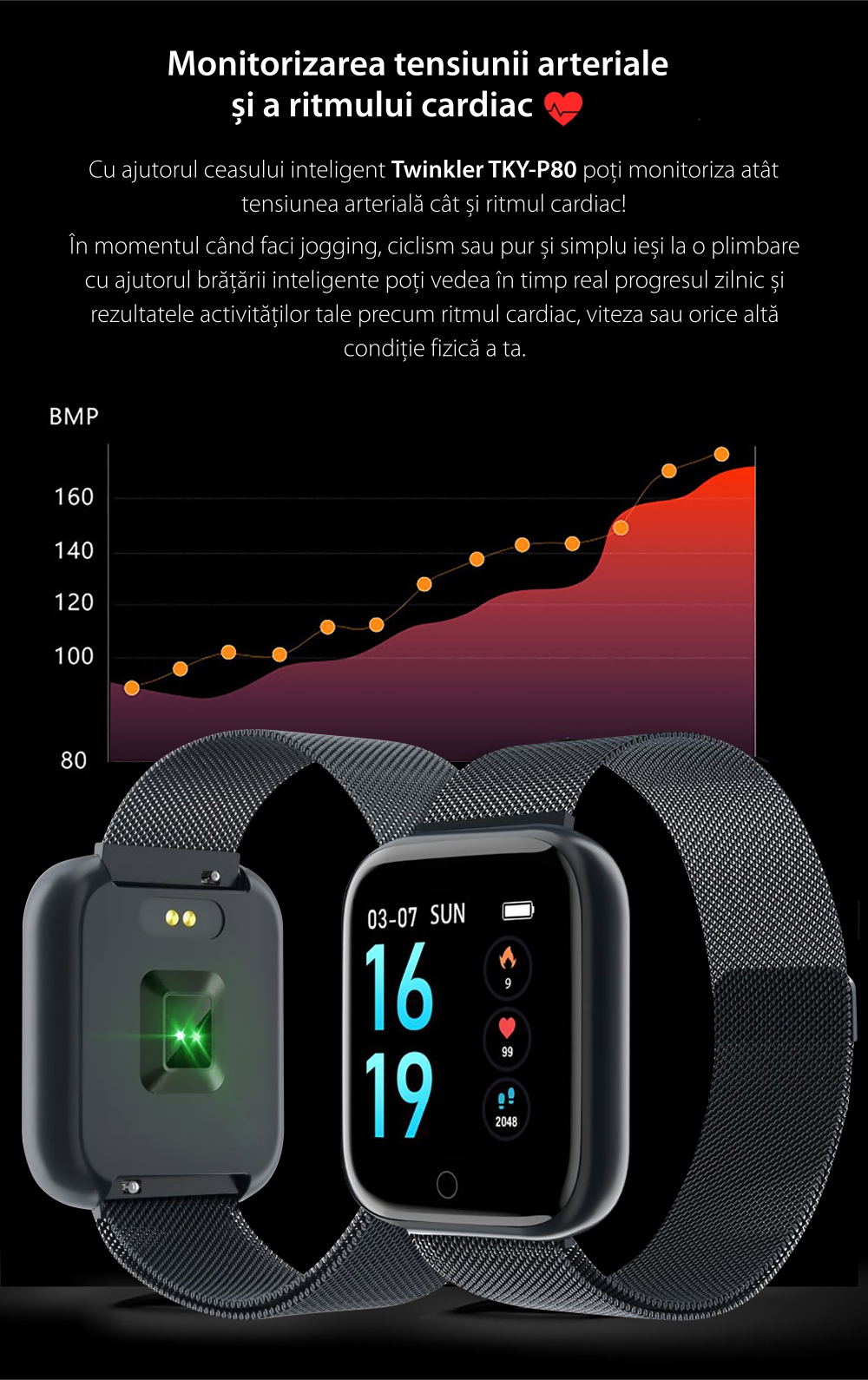 Ceas Smartwatch TKY-P80 cu functie de monitorizare ritm cardiac, Tensiune arteriala, Nivel oxigen, Monitorizare somn, Notificari Apel/ SMS, Bluetooth, Incarcare magnetica, Negru