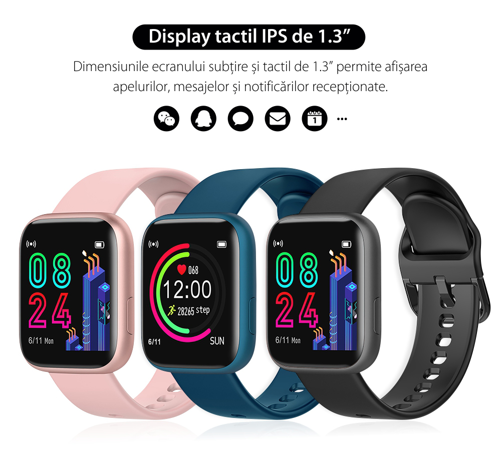 Ceas Smartwatch Twinkler TKY-P4 Silicon cu functie de monitorizare ritm cardiac, Tensiune arteriala, Nivel oxigen, Distanta parcursa, Afisare mesaje, Prognoza meteo, Albastru