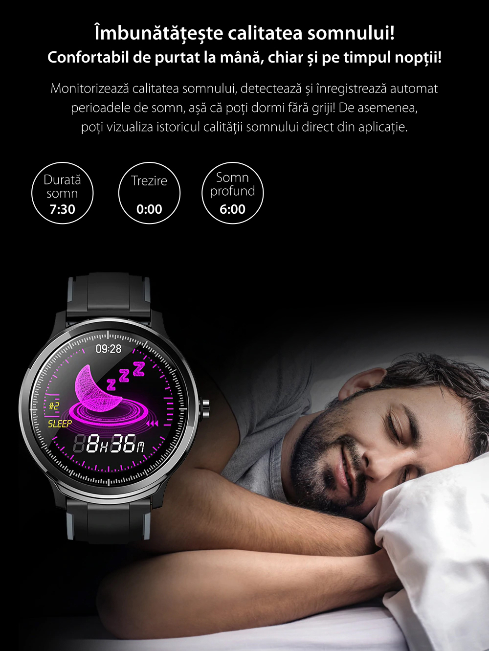 Ceas Smartwatch TKY-QS80 cu functie de monitorizare ritm cardiac, Tensiune arteriala, Nivel oxigen, Pedometru, Distanta parcursa, Calorii arse, Notificari Apel/ SMS, Negru-Violet