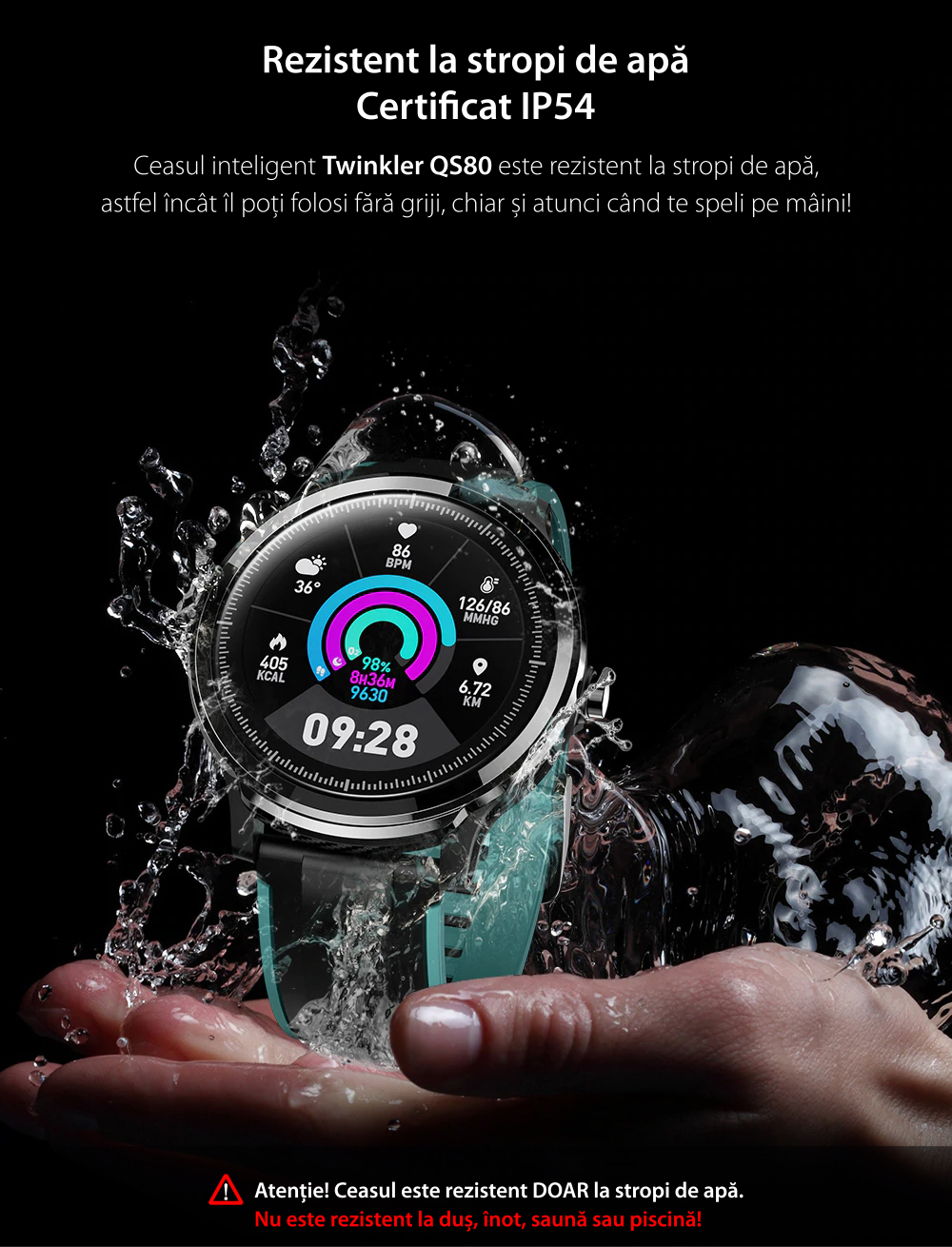 Ceas Smartwatch TKY-QS80 cu functie de monitorizare ritm cardiac, Tensiune arteriala, Nivel oxigen, Pedometru, Distanta parcursa, Calorii arse, Notificari Apel/ SMS, Negru-Verde