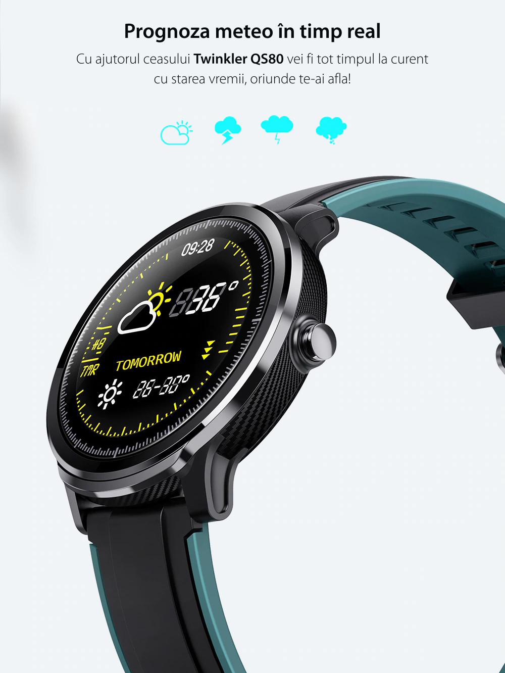 Ceas Smartwatch TKY-QS80 cu functie de monitorizare ritm cardiac, Tensiune arteriala, Nivel oxigen, Pedometru, Distanta parcursa, Calorii arse, Notificari Apel/ SMS, Negru-Violet