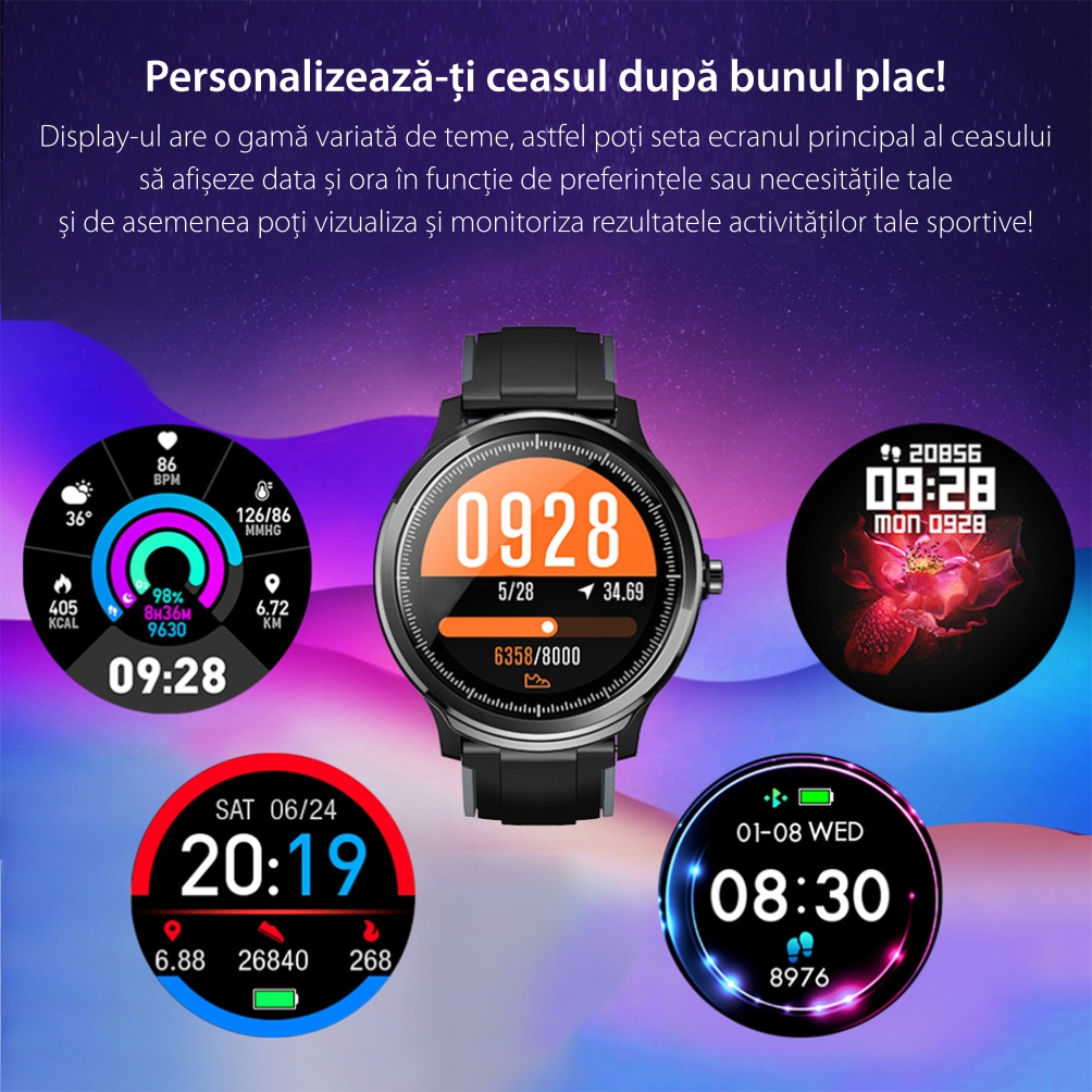 Ceas Smartwatch TKY-QS80 cu functie de monitorizare ritm cardiac, Tensiune arteriala, Nivel oxigen, Pedometru, Distanta parcursa, Calorii arse, Notificari Apel/ SMS, Negru-Gri