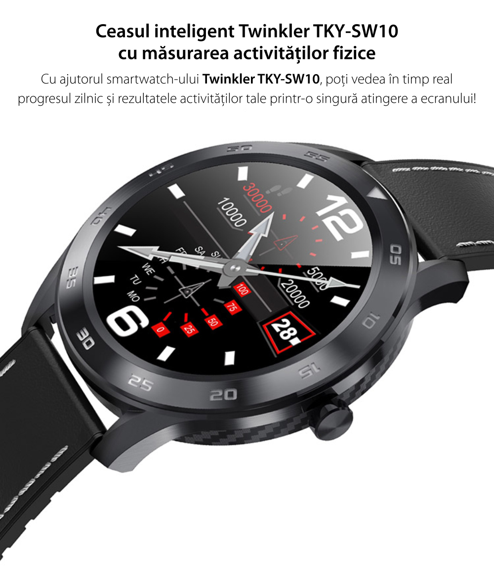Ceas Smartwatch Twinkler TKY-SW10 cu functie de monitorizare ritm cardiac, Tensiune arteriala, EKG, Istoric apeluri, Agenda, Apelare prin Bluetooth, Argintiu – Maro