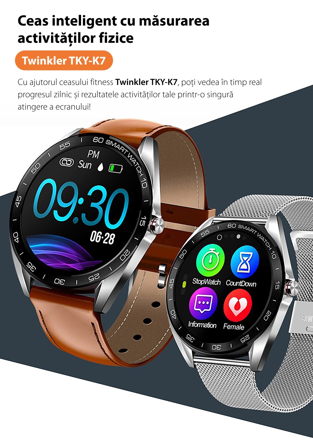 Ceas Smartwatch Twinkler TKY-K7 cu functie de monitorizare ritm cardiac, Tensiune arteriala, Distanta parcursa, Notificari Apel/ SMS, Bluetooth, Maro