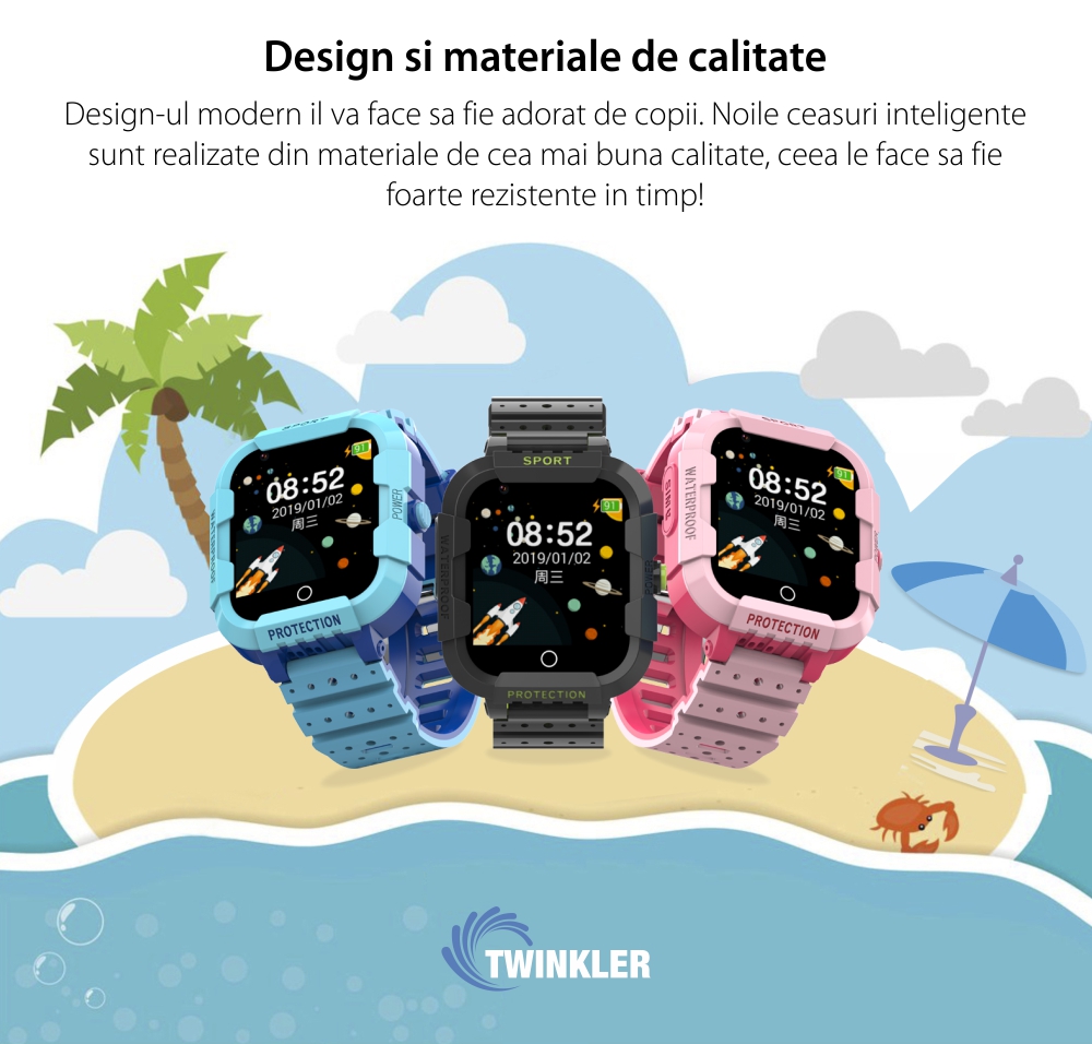 Ceas Smartwatch Pentru Copii Twinkler TKY-DF27 cu Functie Telefon, Apel video, Localizare GPS, Istoric traseu, Camera, SOS, Android, 4G, IP54, Joc Matematic, Albastru, Cartela SIM Cadou