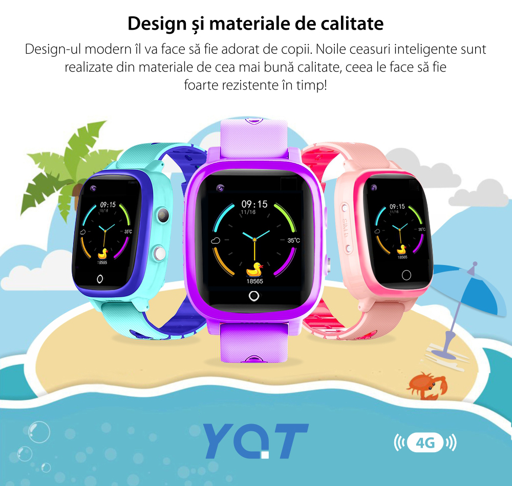 Ceas Smartwatch Pentru Copii YQT T5 cu Functie Telefon, Apel video, Localizare GPS, Istoric traseu, Apel de Monitorizare, Camera, Lanterna, Android, 4G, Albastru, Cartela SIM Cadou