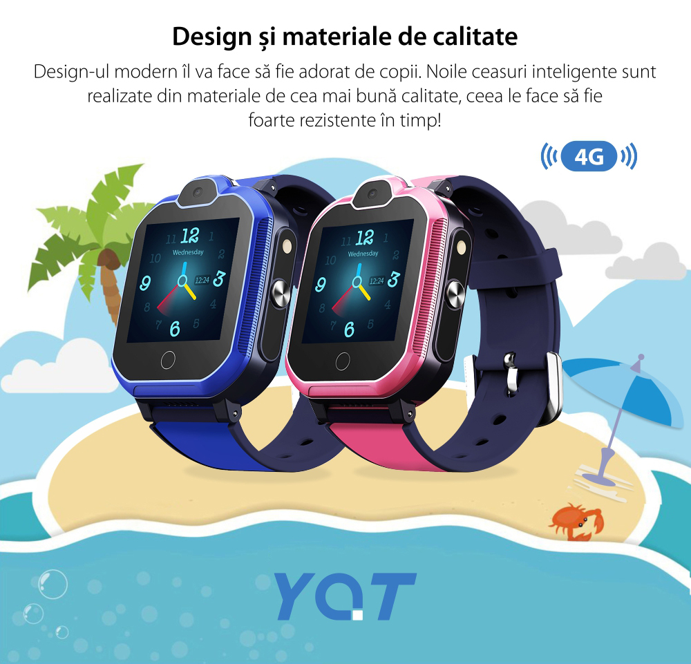 Ceas Smartwatch Pentru Copii YQT T6 cu Functie Telefon, Apel video, Localizare GPS, Istoric traseu, Apel de Monitorizare, Camera, Lanterna, Android, 4G, Albastru, Cartela SIM Cadou