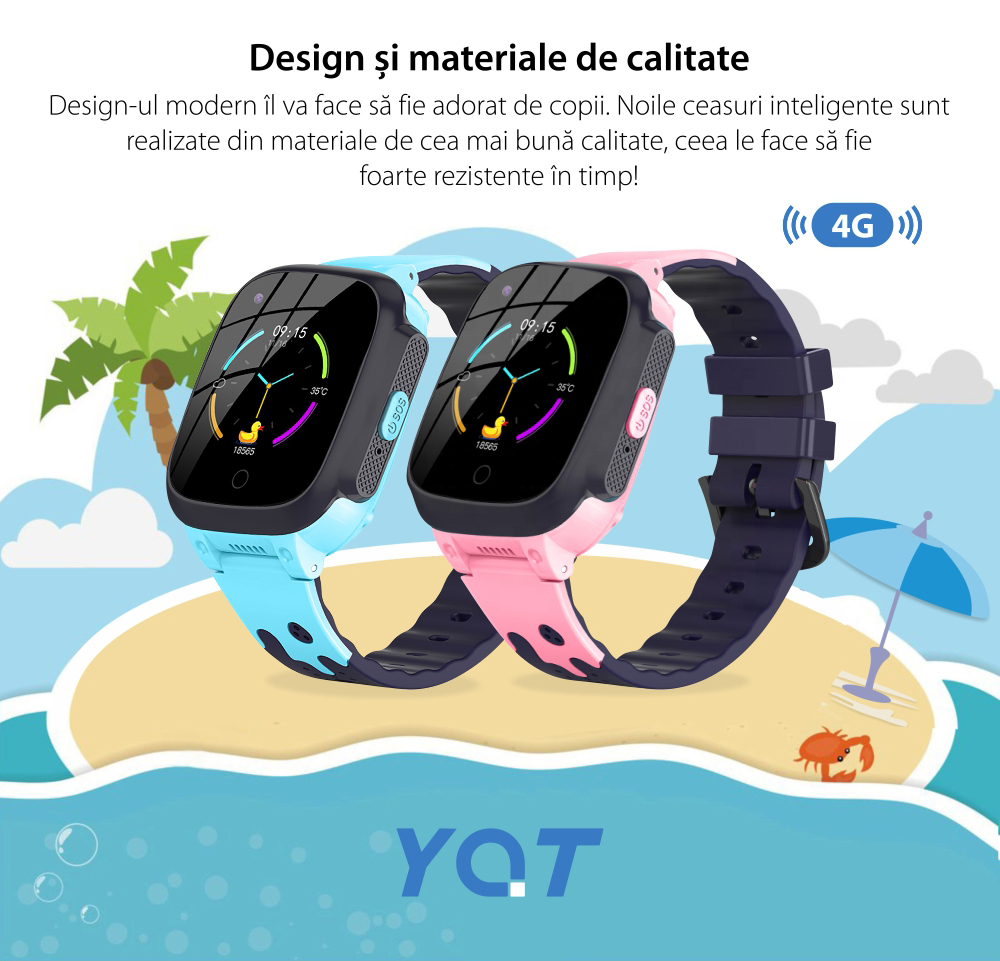 Ceas Smartwatch Pentru Copii YQT T8 cu Functie Telefon, Apel video, Localizare GPS, Istoric traseu, Pedometru, Apel de Monitorizare, Camera, Android, 4G, Roz, Cartela SIM Cadou