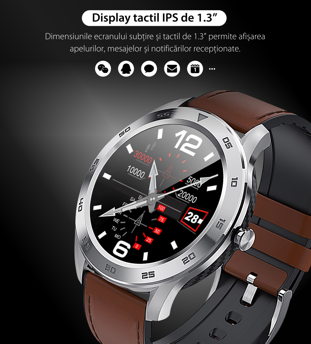 Ceas Smartwatch Twinkler TKY-SW10 cu functie de monitorizare ritm cardiac, Tensiune arteriala, EKG, Istoric apeluri, Agenda, Apelare prin Bluetooth, Metal, Negru