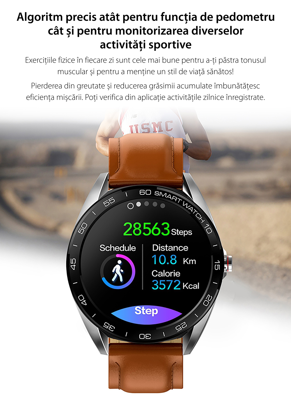 Ceas Smartwatch Twinkler TKY-K7 cu functie de monitorizare ritm cardiac, Tensiune arteriala, Distanta parcursa, Notificari Apel/ SMS, Bluetooth, Maro