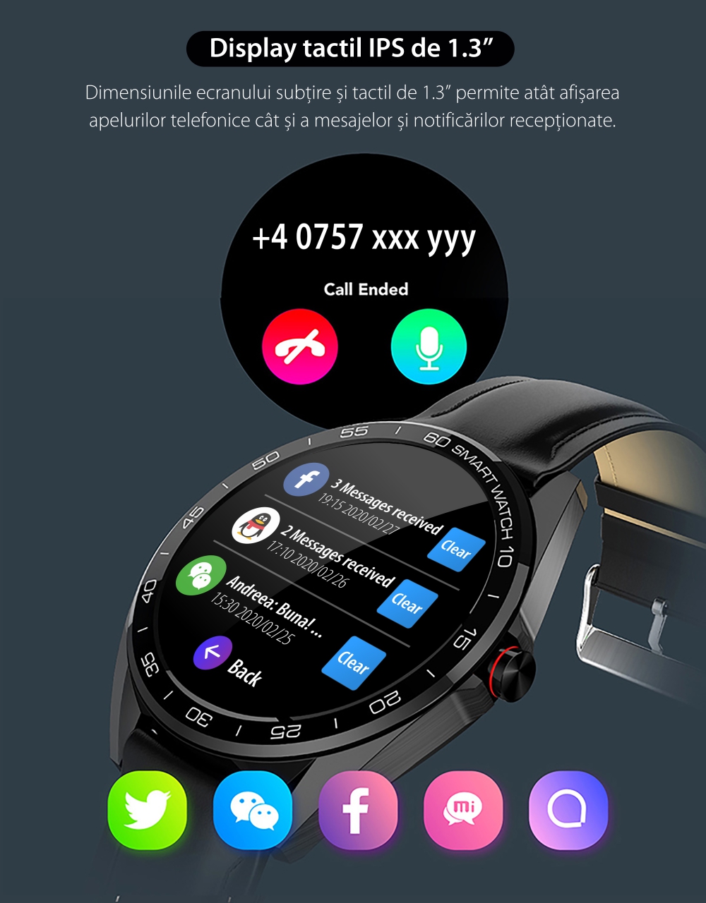 Ceas Smartwatch Twinkler TKY-K7 cu functie de monitorizare ritm cardiac, Tensiune arteriala, Distanta parcursa, Notificari Apel/ SMS, Bluetooth, Maro