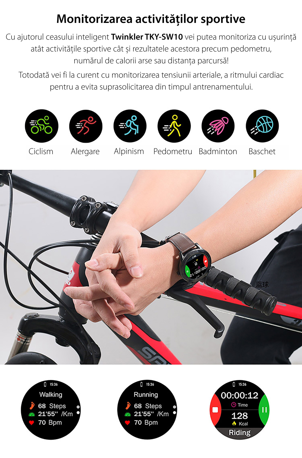 Ceas Smartwatch Twinkler TKY-SW10 cu functie de monitorizare ritm cardiac, Tensiune arteriala, EKG, Istoric apeluri, Agenda, Apelare prin Bluetooth, Metal, Negru