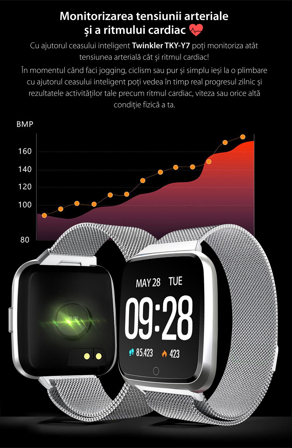 Ceas Smartwatch Twinkler TKY-Y7 cu functie de monitorizare ritm cardiac, Tensiune arteriala, Calitate somn, Distanta parcursa, Calorii arse, Afisare mesaje, Incarcare magnetica, Auriu