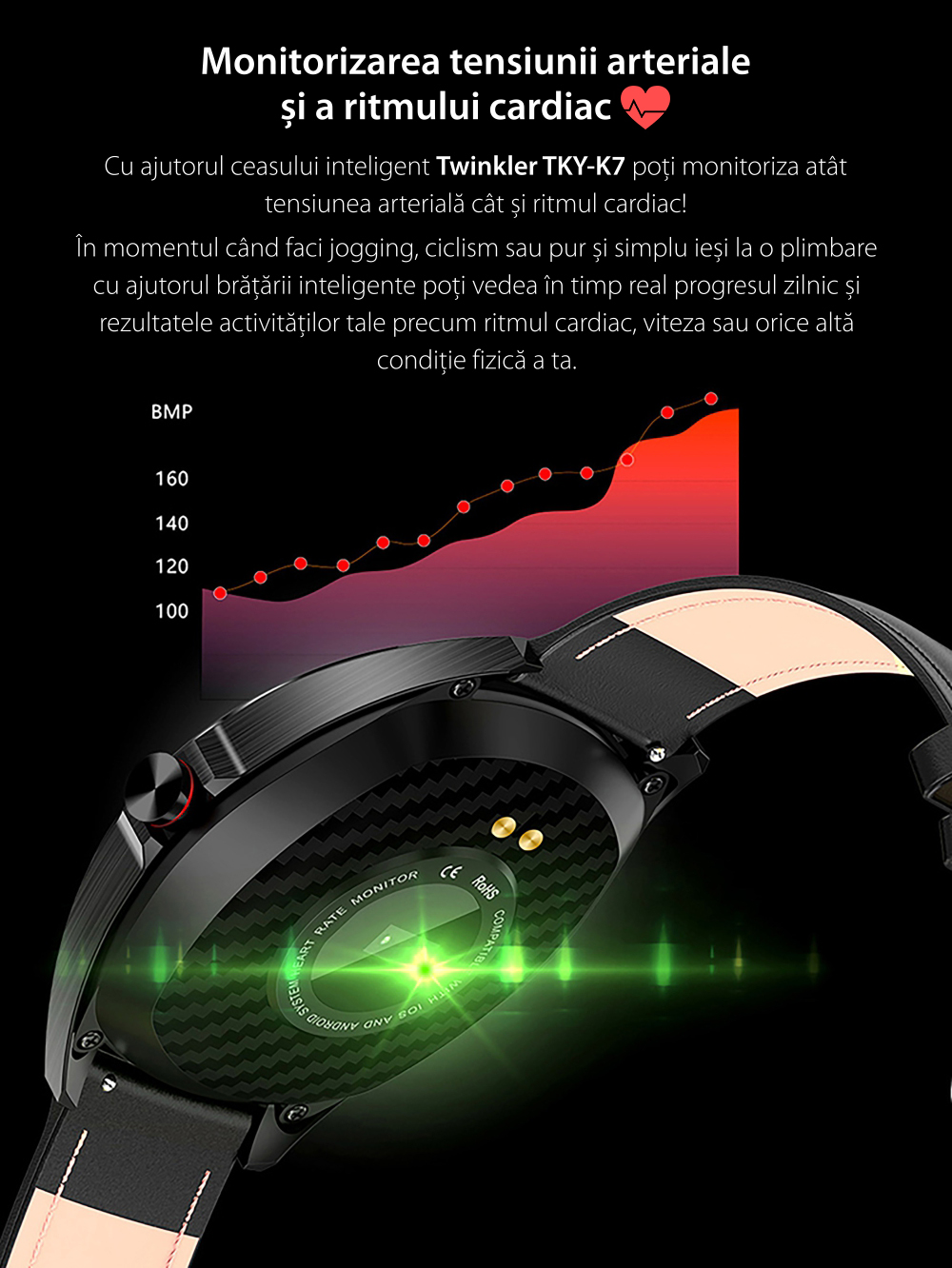 Ceas Smartwatch Twinkler TKY-K7 cu functie de monitorizare ritm cardiac, Tensiune arteriala, Distanta parcursa, Notificari Apel/ SMS, Bluetooth, Maro