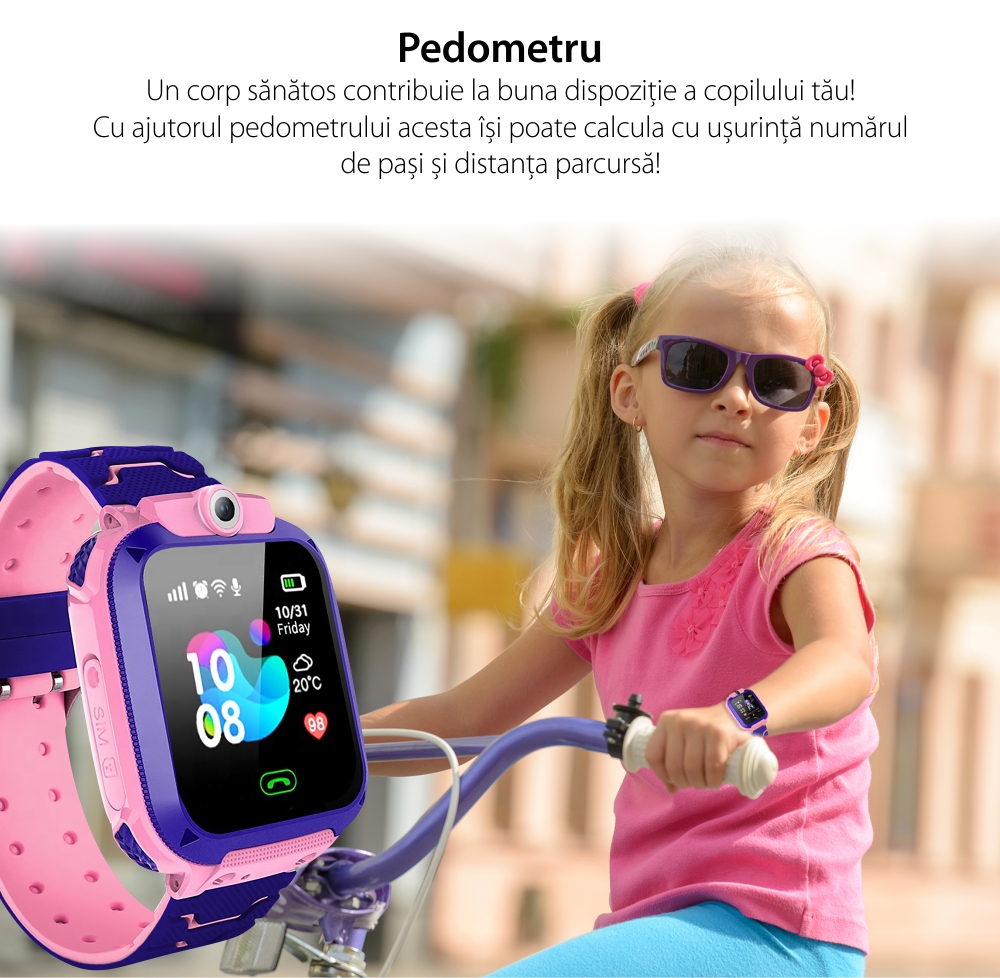 Ceas Smartwatch Pentru Copii YQT Q12W cu Functie Telefon, Localizare GPS, Istoric traseu, Apel de Monitorizare, Camera, Joc Matematic, Albastru / Mov, Cartela SIM Cadou