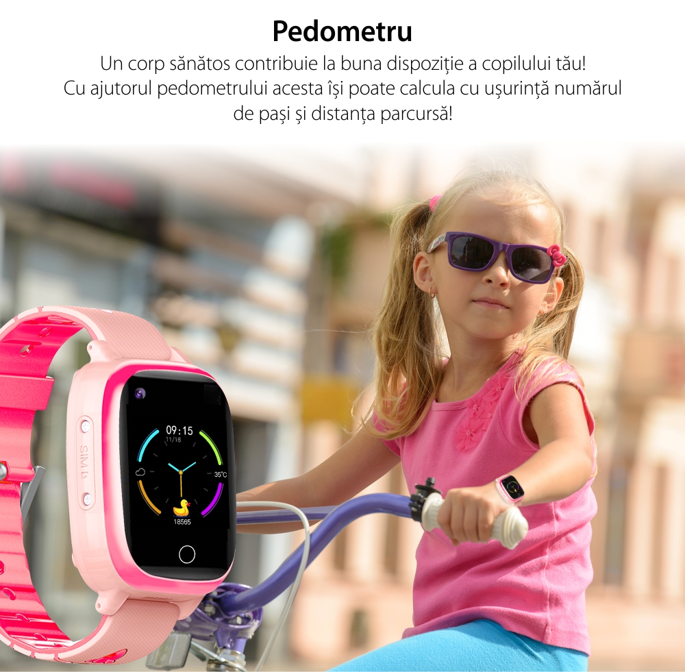 Ceas Smartwatch Pentru Copii YQT T5 cu Functie Telefon, Apel video, Localizare GPS, Istoric traseu, Apel de Monitorizare, Camera, Lanterna, Android, 4G, Roz, Cartela SIM Cadou