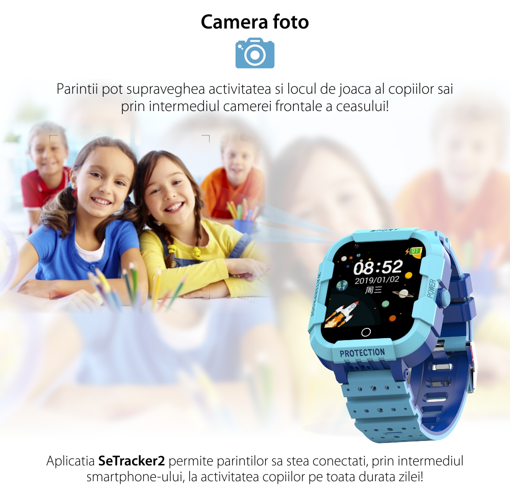 Ceas Smartwatch Pentru Copii Twinkler TKY-DF27 cu Functie Telefon, Apel video, Localizare GPS, Istoric traseu, Camera, SOS, Android, 4G, IP54, Joc Matematic, Albastru, Cartela SIM Cadou