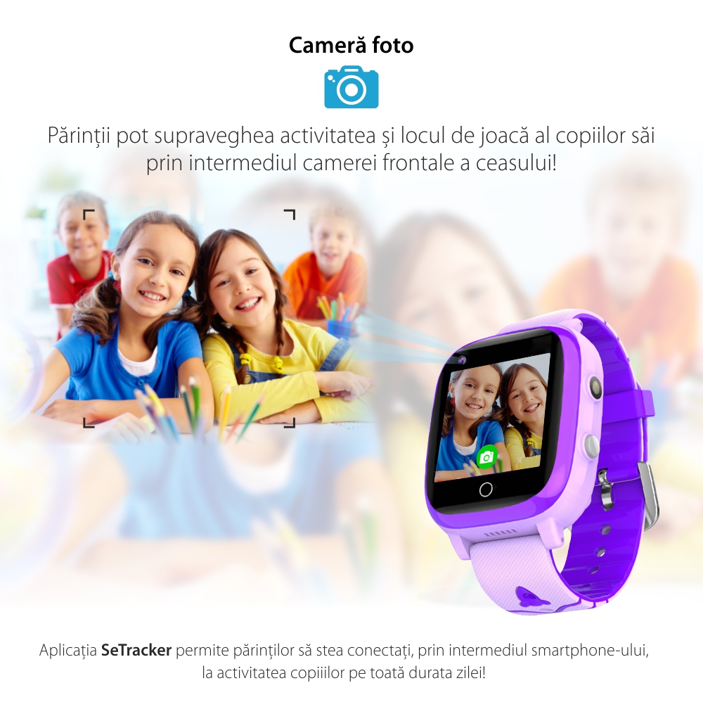 Ceas Smartwatch Pentru Copii YQT T5 cu Functie Telefon, Apel video, Localizare GPS, Istoric traseu, Apel de Monitorizare, Camera, Lanterna, Android, 4G, Mov, Cartela SIM Cadou