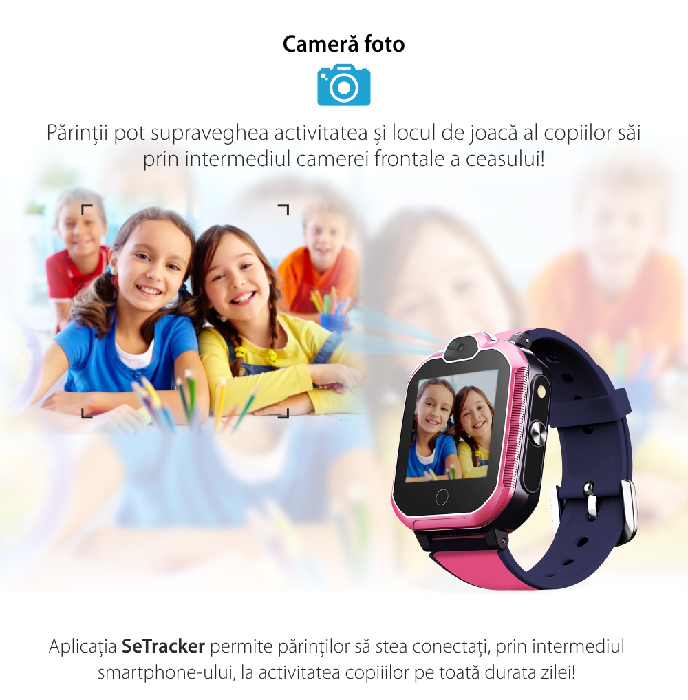 Ceas Smartwatch Pentru Copii YQT T6 cu Functie Telefon, Apel video, Localizare GPS, Istoric traseu, Apel de Monitorizare, Camera, Lanterna, Android, 4G, Roz, Cartela SIM Cadou