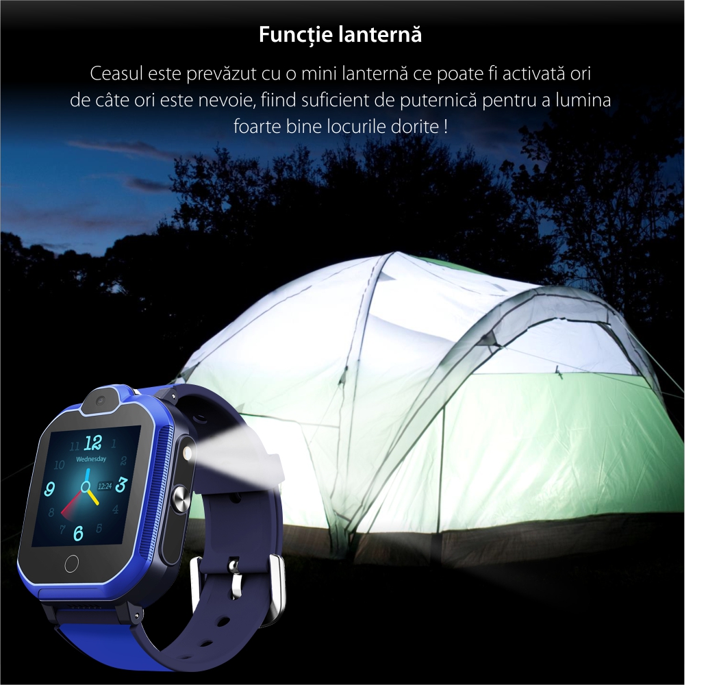 Ceas Smartwatch Pentru Copii YQT T6 cu Functie Telefon, Apel video, Localizare GPS, Istoric traseu, Apel de Monitorizare, Camera, Lanterna, Android, 4G, Albastru, Cartela SIM Cadou