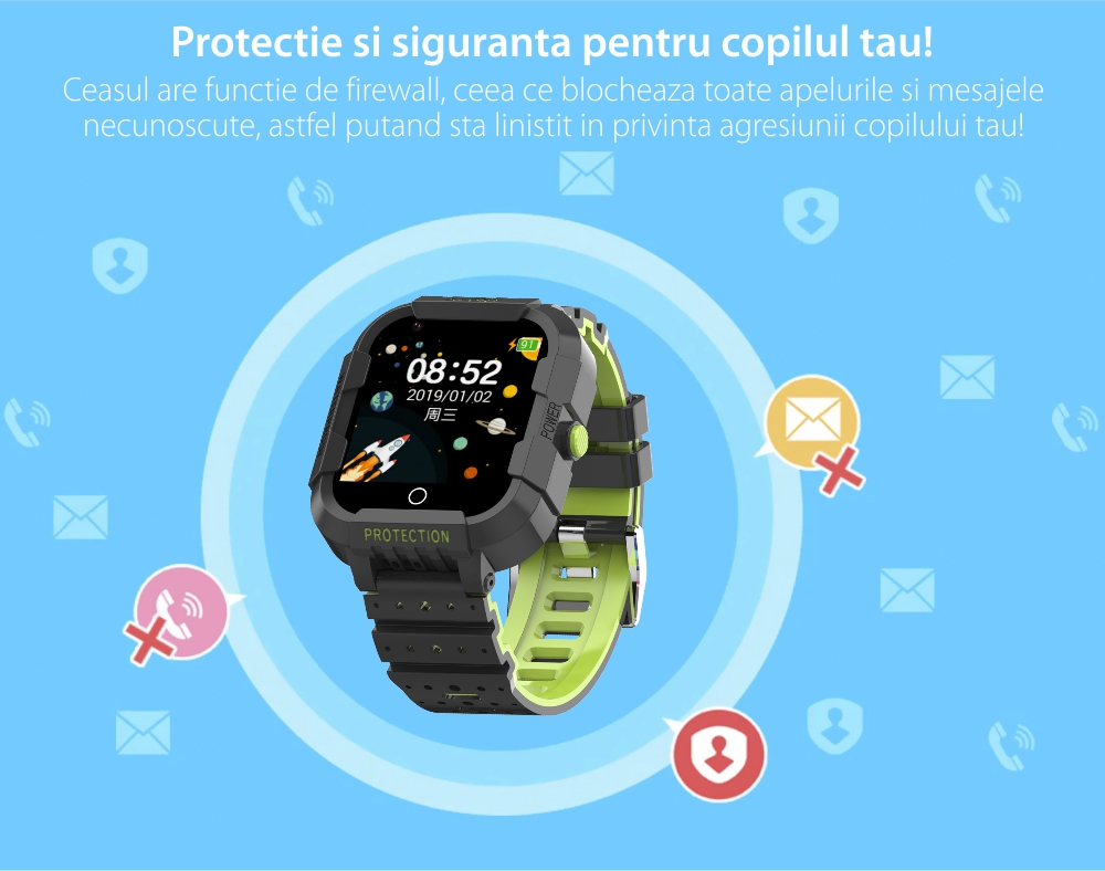 Ceas Smartwatch Pentru Copii Twinkler TKY-DF27 cu Functie Telefon, Apel video, Localizare GPS, Istoric traseu, Camera, SOS, Android, 4G, IP54, Joc Matematic, Albastru, Cartela SIM Cadou