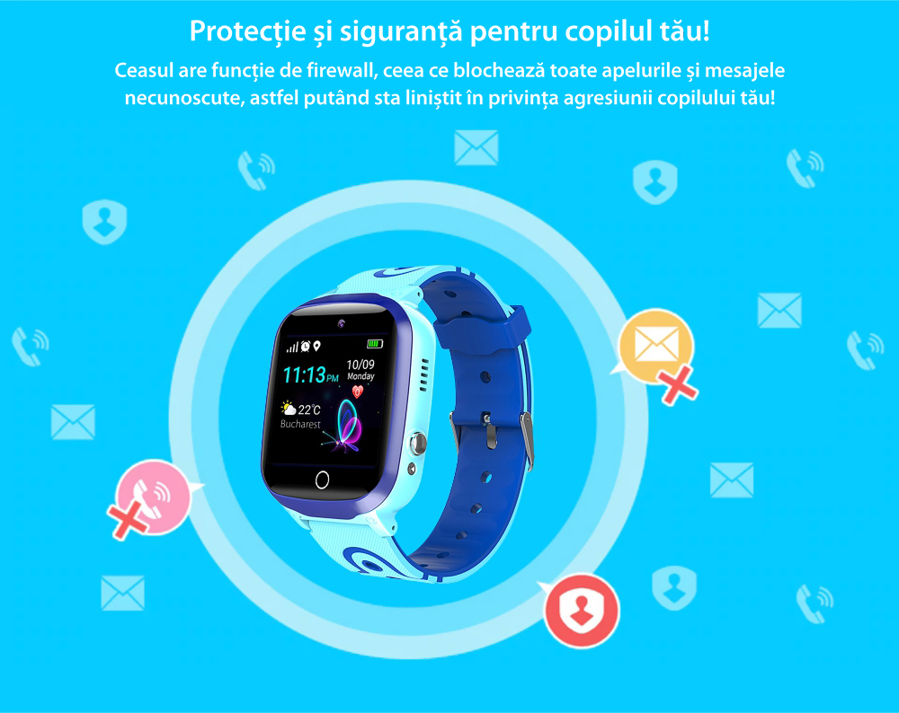Ceas Smartwatch Pentru Copii YQT Q13 cu Functie Telefon, Localizare GPS, Istoric traseu, Apel de Monitorizare, Camera, SOS, Joc Matematic, Albastru, Cartela SIM Cadou