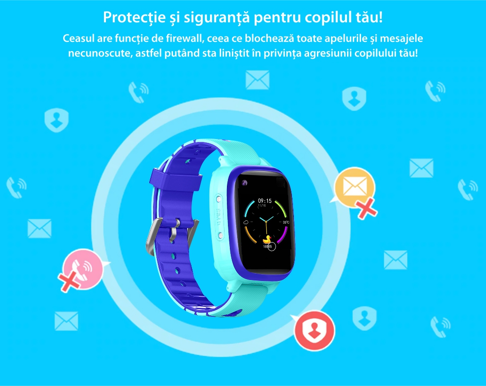 Ceas Smartwatch Pentru Copii YQT T5 cu Functie Telefon, Apel video, Localizare GPS, Istoric traseu, Apel de Monitorizare, Camera, Lanterna, Android, 4G, Albastru, Cartela SIM Cadou